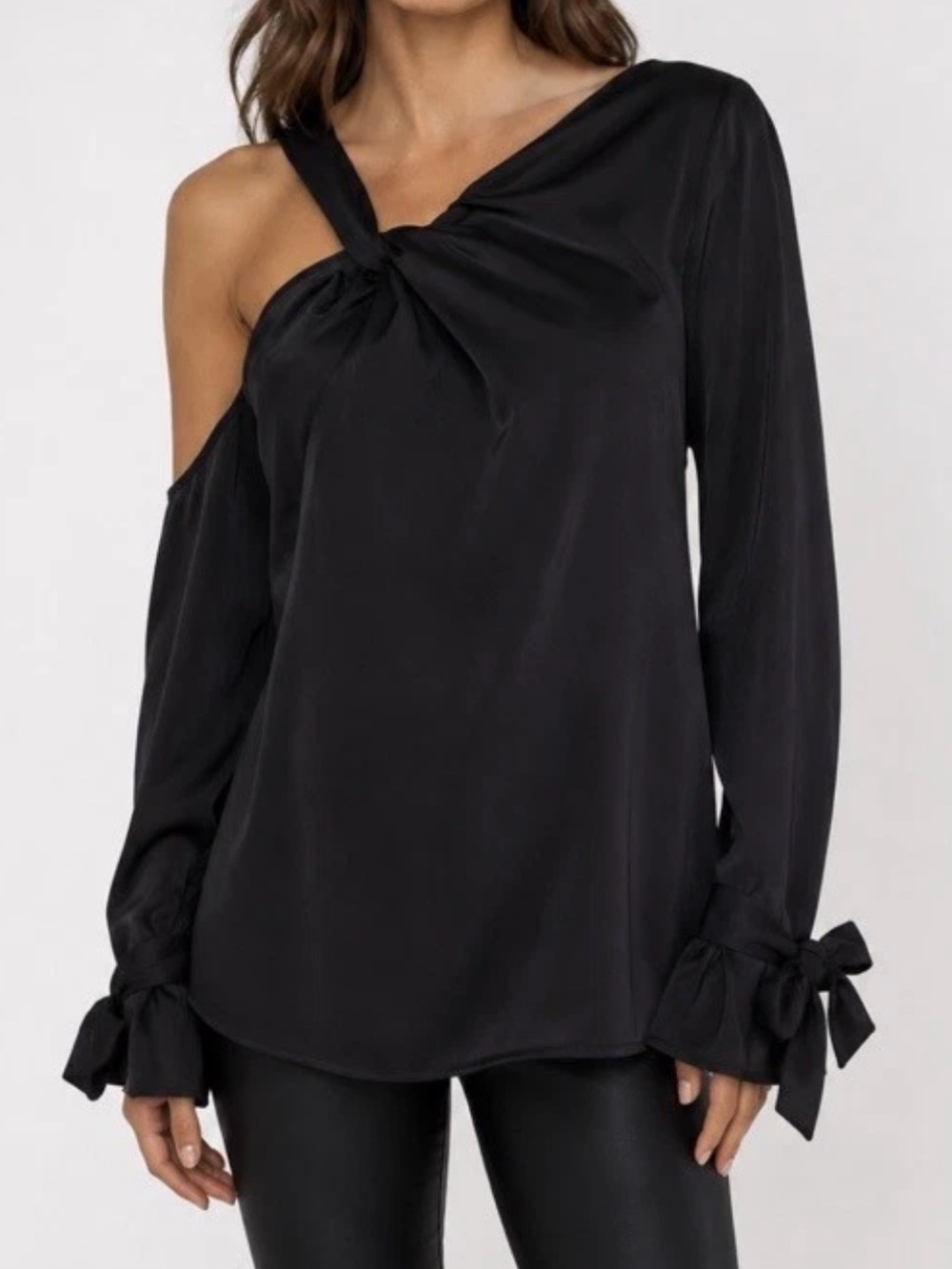 C/MEO collective black satin drapey  asymmetrical blouse tie sleeves sz xxs